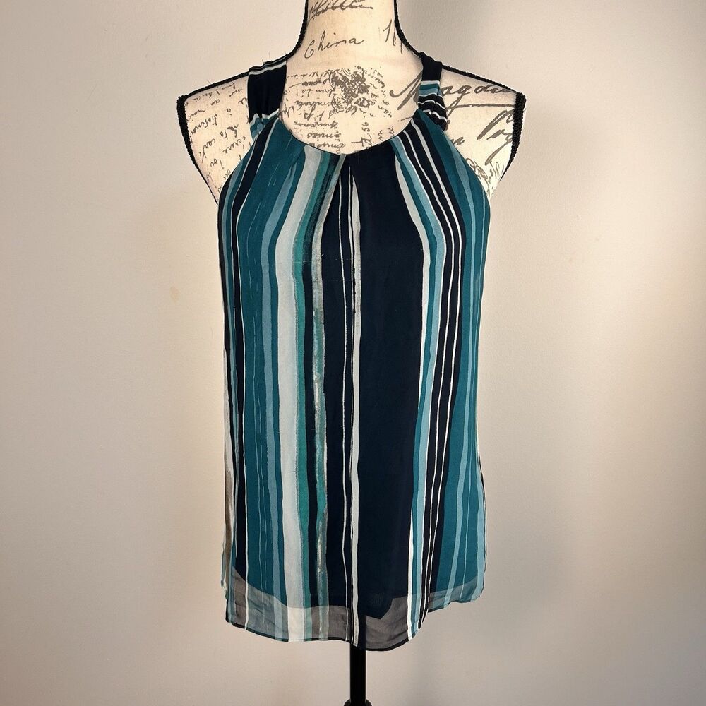 Ann Taylor Sleeveless Blouse Womens 10 Teal Stripe Halter Top